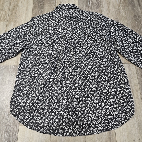 Lands' End Micro Floral Popover Blouse Long Sleeve Black White Women's Large - Picture 3 of 8
